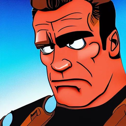 Image similar to arnold schwarzenegger as a cartoon animal, the terminator, animation, myazaki, high quality, hd, 4 k