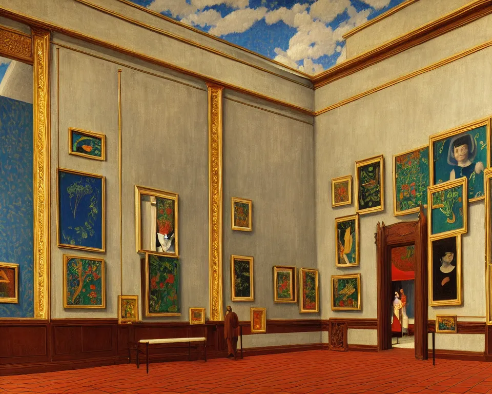 Prompt: an achingly beautiful print of the interior of an opulent art museum with framed masterpieces covering the walls, potted plants, mosaic floors, and classical antiquities by Raphael, Hopper, and Rene Magritte. detailed, romantic, enchanting, trending on artstation.