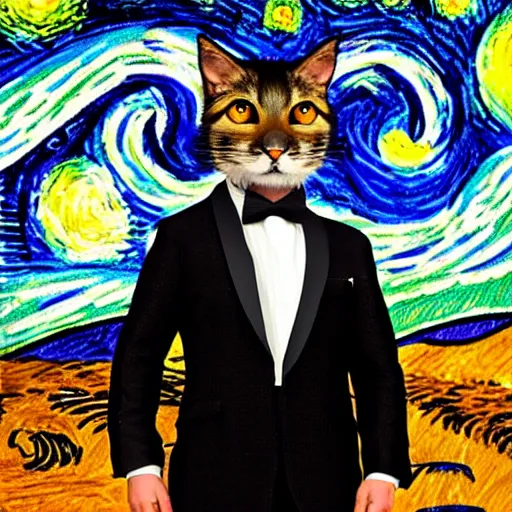 Image similar to d & d style full body portrait, tabaxi male in a tuxedo, in the style of starry night.