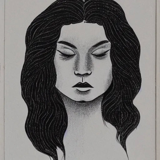 Image similar to A black ink portrait of a lonely beautiful woman with pouted lips and the the constellation in her black flowing hair