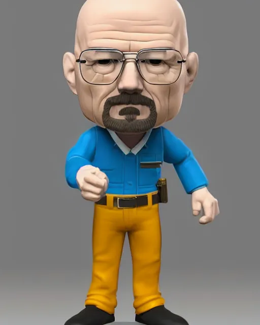 Image similar to full body 3d render of Walter White as a funko pop, studio lighting, white background, blender, trending on artstation, 8k, highly detailed