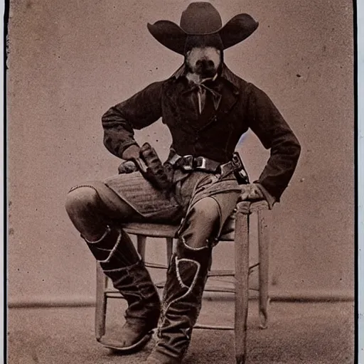 Prompt: kangaroo dressed in cowboy costume, cowboy hat boots spurs and pistol, 1 8 6 0 s, photo