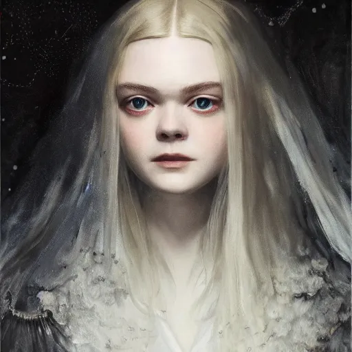 Image similar to ultra realistic portrait painting of elle fanning in bloodborne, art by frank frazetta, 4 k, ultra realistic, highly detailed, epic lighting