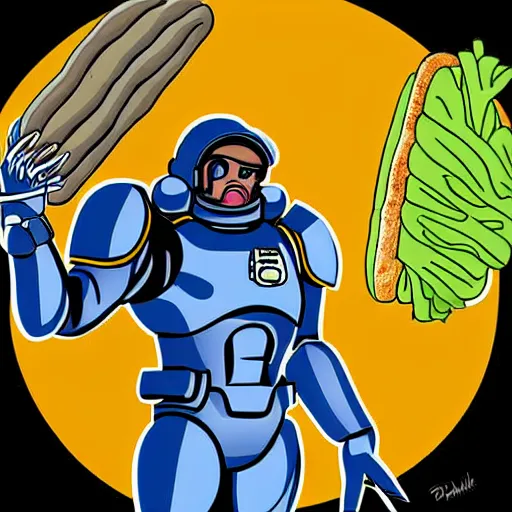 Prompt: digital artwork, cartoony, cell shading, futuristic space marine in heavy blue armor trying unsuccessfully to eat a large sub sandwich full of meat, cheese, and lettuce