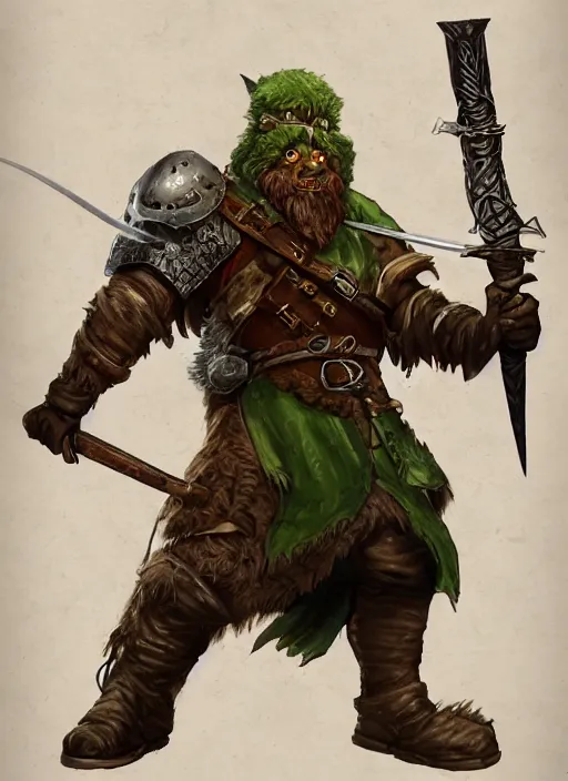 Image similar to strong young man, photorealistic bugbear ranger holding a flaming sword, black beard, dungeons and dragons, pathfinder, roleplaying game art, hunters gear, jeweled ornate leather and steel armour, concept art, character design on white background, by alan lee, norman rockwell, makoto shinkai, kim jung giu, poster art, colours red and green