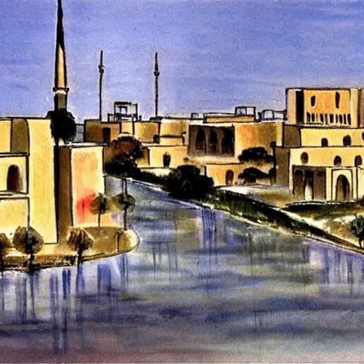 Prompt: painting of the city of baghdad after 700 years, painting by bob ross, wide angle,