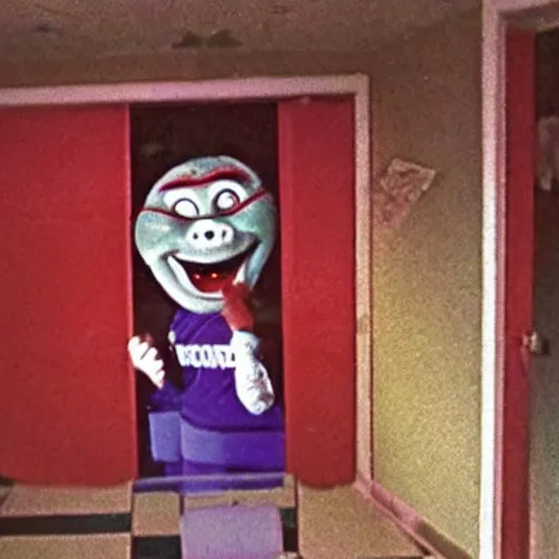 Image similar to horror creepypasta chuck E cheese breaking into room, hyperrealistic blood and eyes