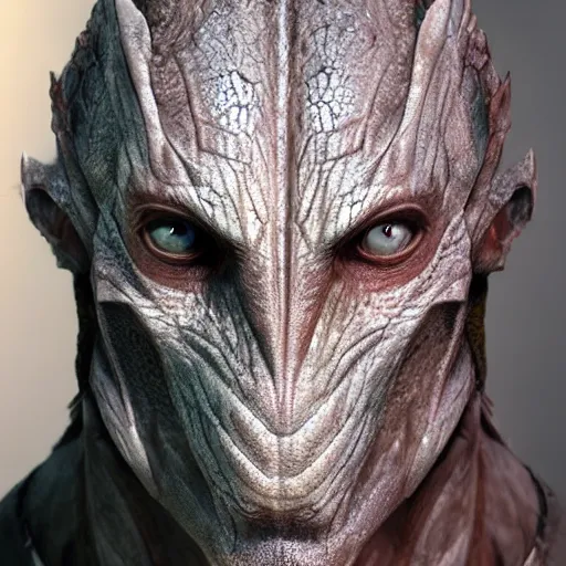 Image similar to hyperrealistic mixed media image of argonian elder scrolls, stunning 3 d render inspired art by greg rutkowski and xiang duan and thomas eakes, perfect facial symmetry, flesh texture, realistic, highly detailed attributes and atmosphere, dim volumetric cinematic lighting, 8 k octane detailed render, post - processing, masterpiece,