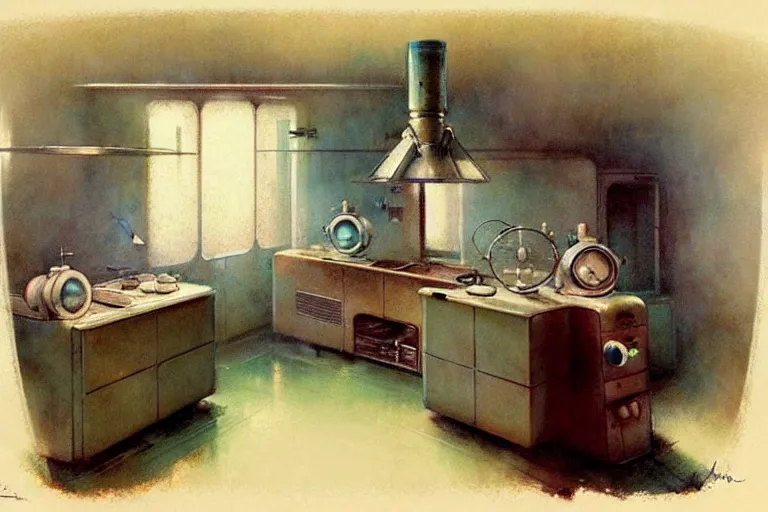 Image similar to ( ( ( ( ( 1 9 5 0 s retro science fiction kitchen interior scene. muted colors. ) ) ) ) ) by jean - baptiste monge!!!!!!!!!!!!!!!!!!!!!!!!!!!!!!