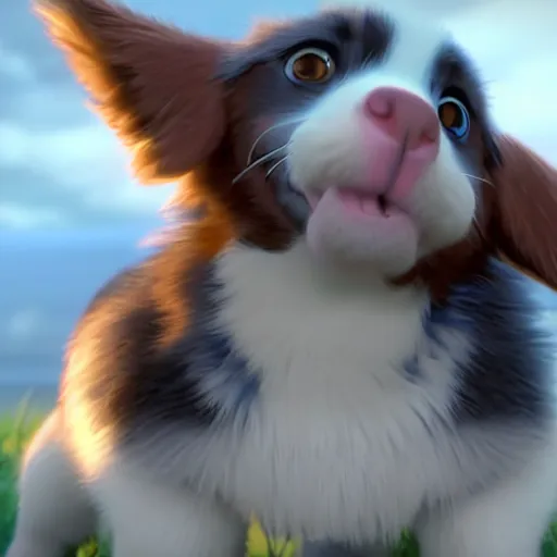 Prompt: a wholesome animation key shot of a blue merle australian shepherd puppy, studio ghibli, pixar and disney animation, sharp, rendered in unreal engine 5, anime key art by greg rutkowski, bloom, dramatic lighting