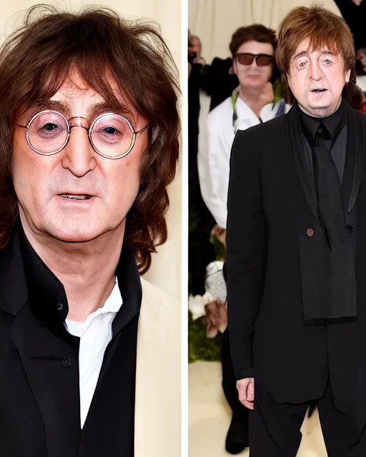 Image similar to genetic combination of john lennon and paul mccartney, photographed at met gala, dynamic lighting, ultra detailed