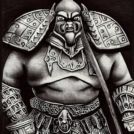 Image similar to ogre warrior wearing plated armor who is holding a battle axe in the style of warhammer fantasy : : head and torso drawing