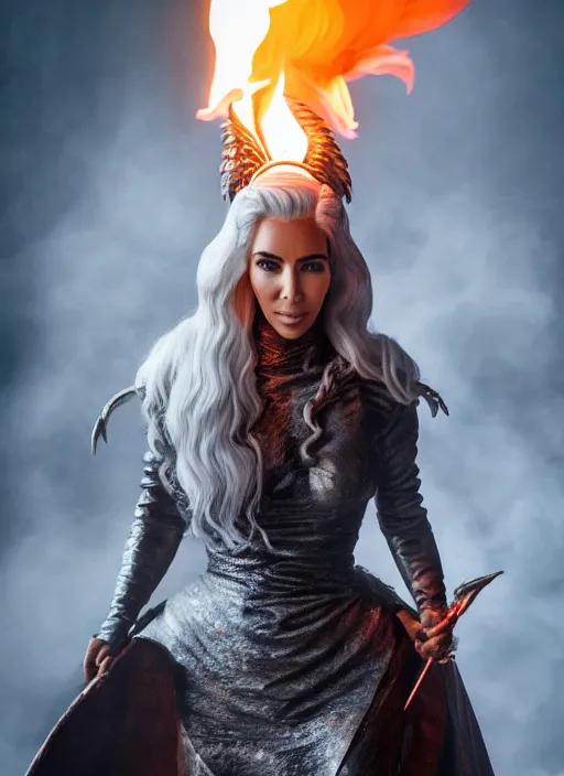 Image similar to full-body photograph of Kim Kardashian as Daenerys Targaryen riding a dragon blowing a flame, dracarus, majestic lighting, XF IQ4, 150MP, 50mm, F1.4, ISO 200, 1/160s, natural light