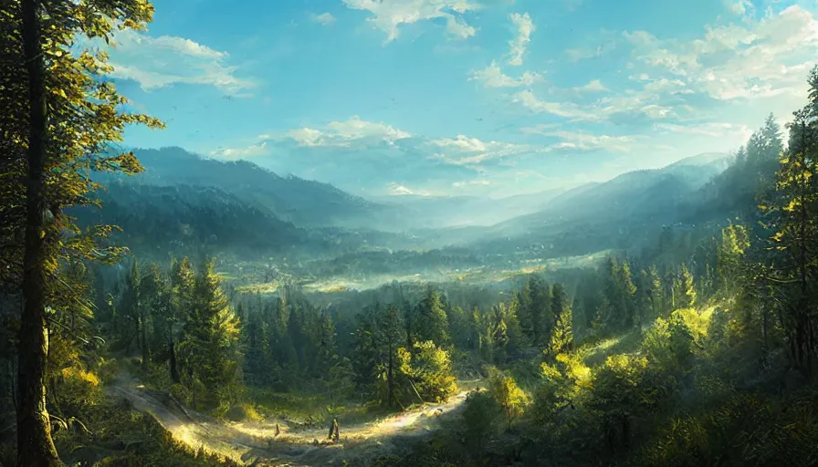 Image similar to view from a balcony overlooking a forest valley, highly detailed, sunny, blue sky, cinematic lighting, highly angle, godrays, volumetric, photorealistic, digital art painting by greg rutkowski