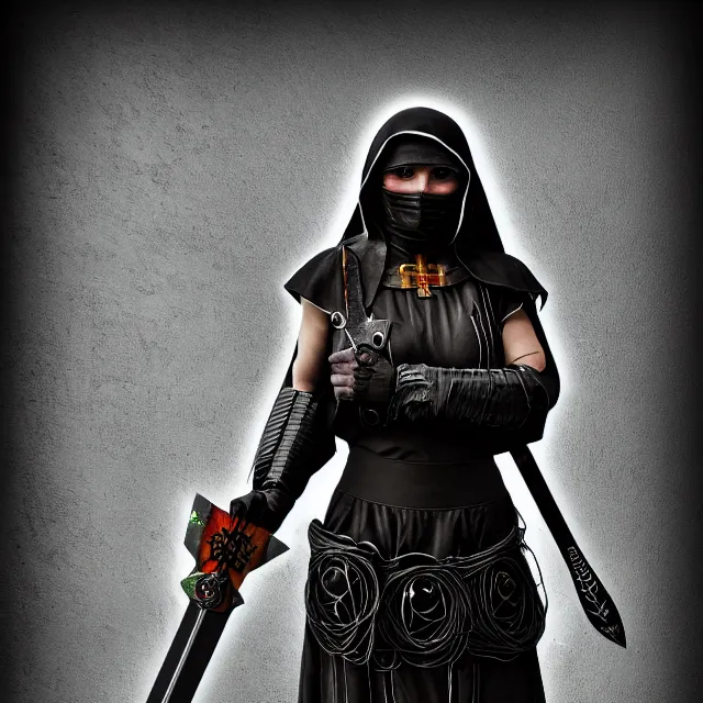 Image similar to photo of acyberpunk nun warrior highly detailed 8 k hdr smooth sharp focus high resolution award - winning photo