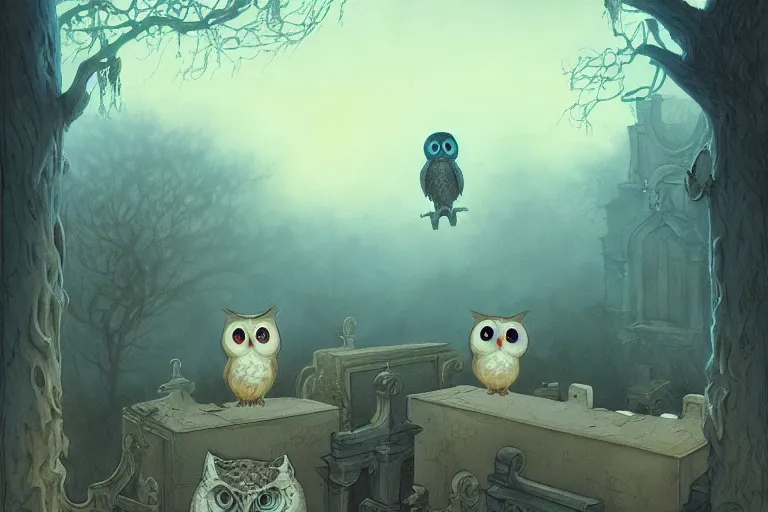 Image similar to casper the friendly ghost flying over a graveyard at midnight, chasing a cat, an interesting owl in a tree, cinestill, painted by james jean and gaston bussiere, very detailed and cute and cozy and transparent, backlight, fog, mist, trending on artstation