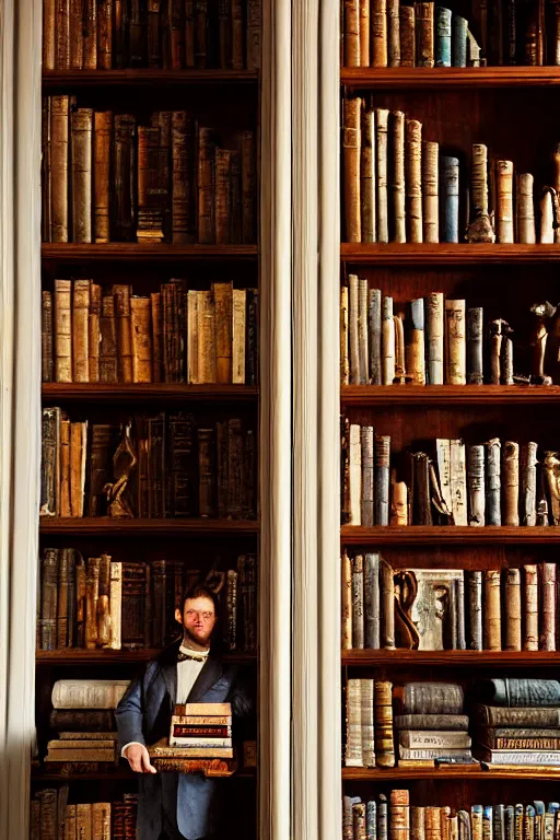 Prompt: soft colors photograph imax and solomon joseph solomon and richard schmid and jeremy lipking antique bookshelf full of antique books. dramatic lighting