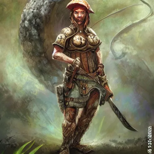 Image similar to full body portrait of a mushroom warrior, by jon foster