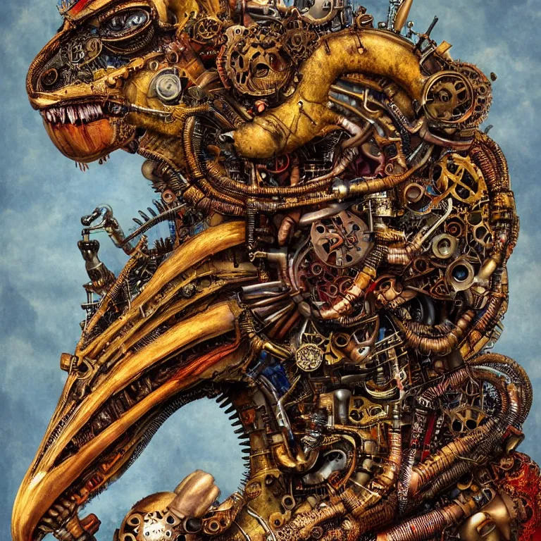 Prompt: profile portrait of a dragon, computer parts, mechanical parts, by giuseppe arcimboldo, steampunk, cyberpunk, futuristic, psychedelic, surreal, sci - fi, vaporwave, alien, dreamlike.