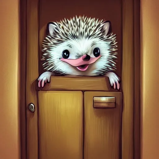 Prompt: cute adorable hedgehog opening the door, waving, smiling, cute, hedgehog, by cyril rolando