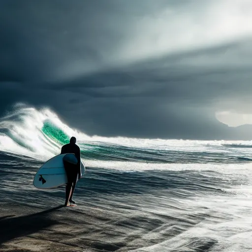 Prompt: one surfer staring at a giant tsunami wave, dramatic lighting, epic, 8k