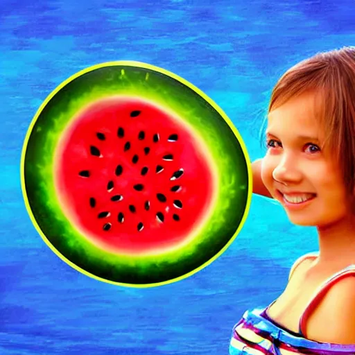 Image similar to Cute girl on the giant watermelon. She has cute face. She is smiling. Her eyes are big and blue. Watermelon is swimming in the blue ocean, digital art