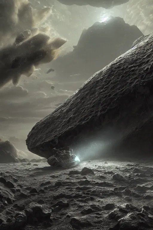 Image similar to The last vestige of humanity adrift on a asteroid, dramatic lighting, cinematic, establishing shot, extremely high detail, foto realistic, cinematic lighting, post processed, concept art, high details, cinematic, 8k resolution, beautiful detailed, photorealistic, digital painting, artstation, concept art, smooth, sharp focus, artstation trending, octane render, unreal engine