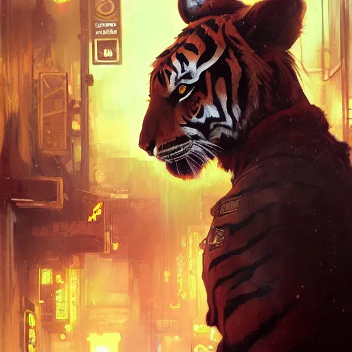 Image similar to hyperrealistic portrait of an athropomorphic tiger wearing military clothes, bladerunner street, art of elysium by jeremy mann and alphonse mucha, fantasy art, photo realistic, dynamic lighting, artstation, poster, volumetric lighting, very detailed face, 4 k, award winning, cinematic lighting, deviantart, artstation, cg society