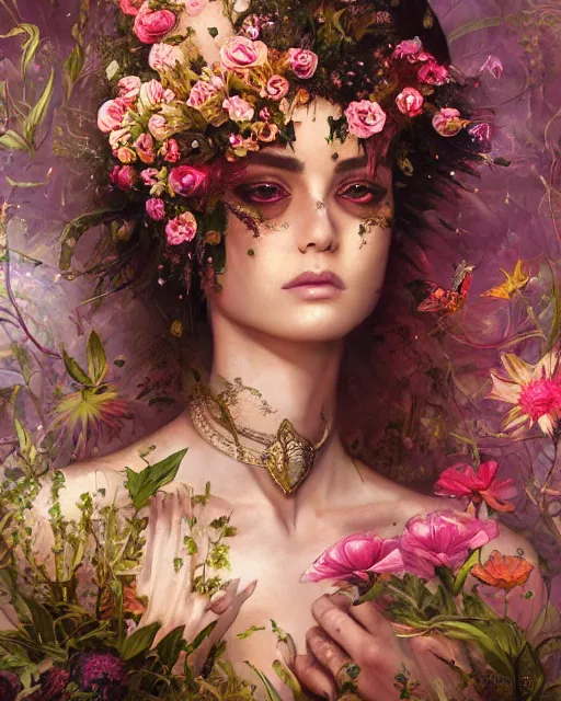 Image similar to portrait of the arabic queen of the underworld, surrounded by flowers by karol bak, james jean, tom bagshaw, rococo, sharp focus, trending on artstation, cinematic lighting, hyper realism, octane render, 8 k, hyper detailed.