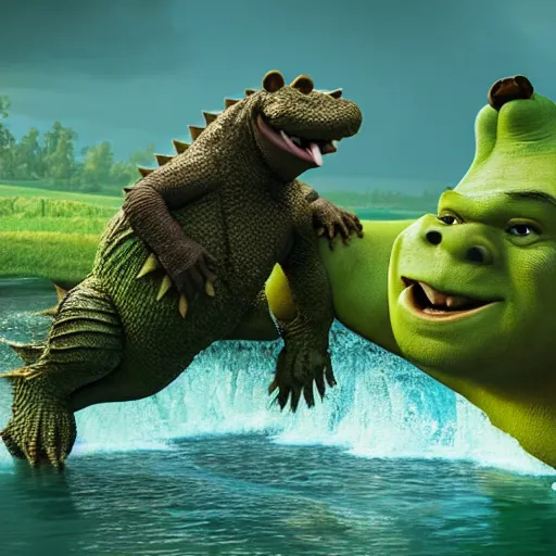 Image similar to Kanye West riding an aligator, next to (Shrek), splash art, movie still, cinematic lighting, dramatic, octane render, long lens, shallow depth of field, bokeh, anamorphic lens flare, 8k, hyper detailed, 35mm film grain