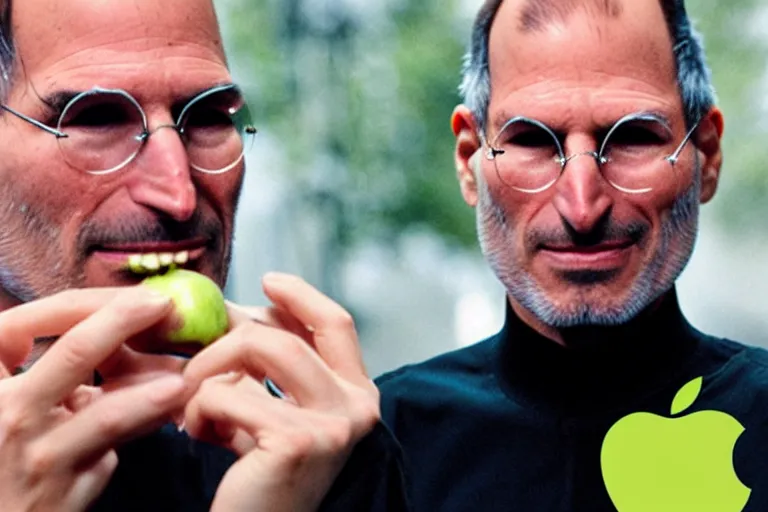 Image similar to steve jobs eating apple while there is a cat behind him