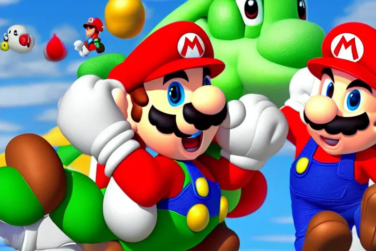 Prompt: a photo of mario punching yoshi in the face, photorealistic, 8 k