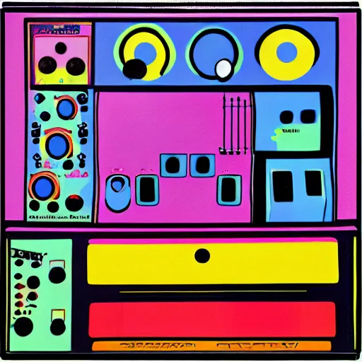 Prompt: impressionist painting of a moog modular synthesizer, high contrast, cartoon edges, 70s album cover art