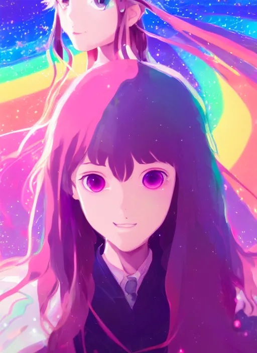Prompt: portrait of a cute wizard girl, very psychedelic rainbow space background illustration concept art anime key visual trending pixiv fanbox by wlop and greg rutkowski and makoto shinkai and studio ghibli and kyoto animation