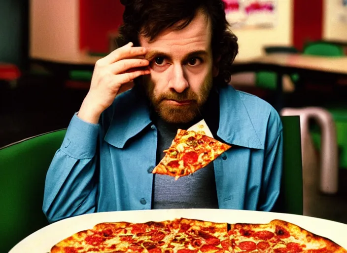 Prompt: detailed portrait of charlie kaufman eating pizza at chuck - e - cheese, dramatic lighting, moody film still from being john malkovich ( 2 0 1 0 ), 3 5 mm kodak color stock, 2 4 mm lens, directed by spike jonze, ecktochrome