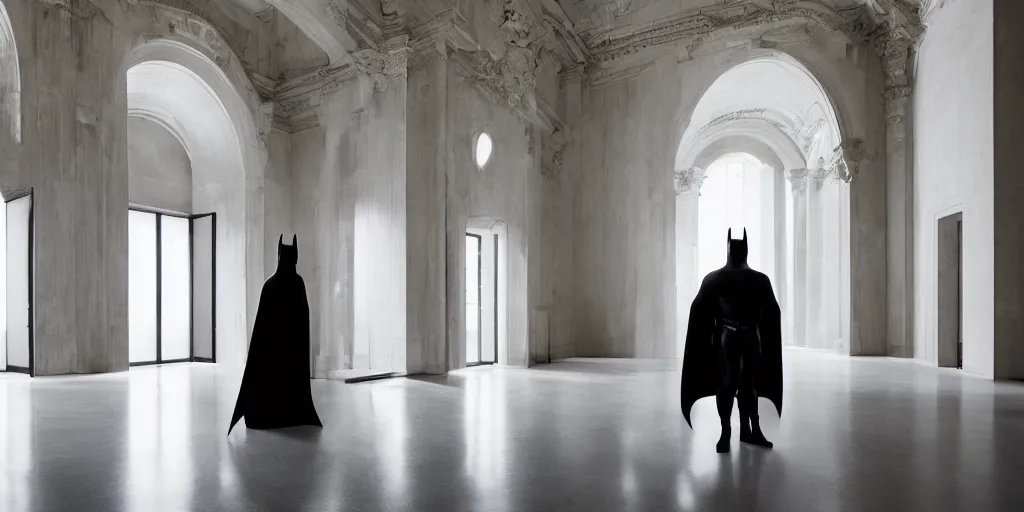 Image similar to Batman standing in giant Italian modern castle living room, clean minimalist design, that is 1300 feet tall, with very tall giant walls filled with modern art paintings, doors that are cosmic portals, photo by Annie Leibovitz