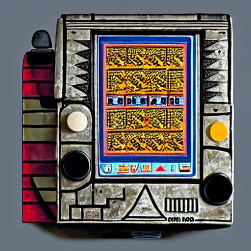 Prompt: Photo of a historic Mayan Game Boy, detailed, studio-lighting, award-winning