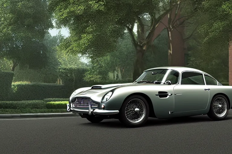 Image similar to a wholesome animation key shot of one focused aston martin db 5, on a residential london street, trees, medium range, studio ghibli, pixar and disney animation, sharp, very detailed, unreal engine 5 render, high resolution, anime key art by greg rutkowski