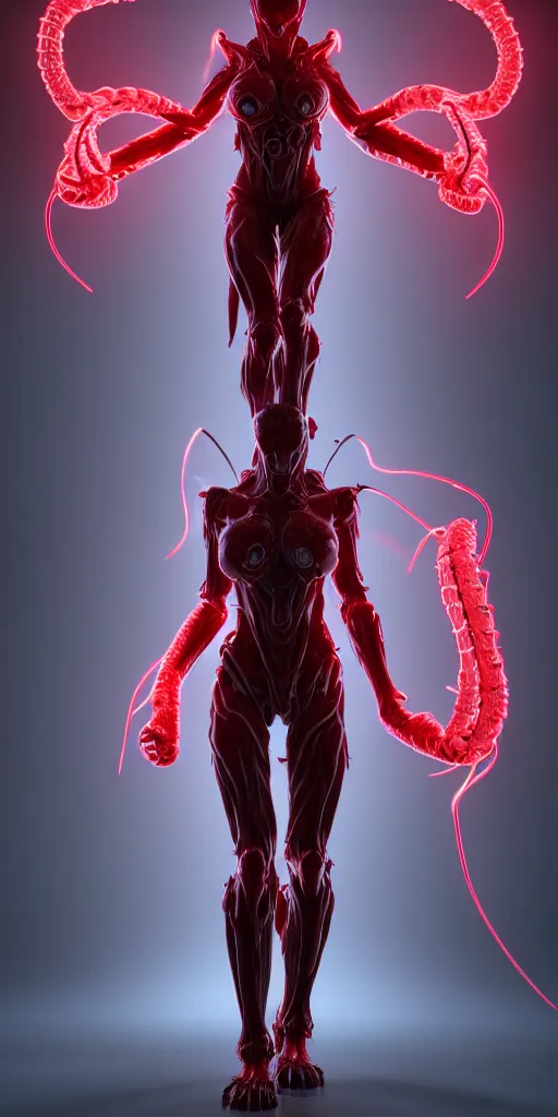 Image similar to stunning symmetric full body character image, woman, predator, Protoss, human, Tsutomu Nihei, 3d octane render, unreal engine, hyper realistic, realistic, white bone armor, soft illumination, human facial features, surrounded in red glowing tendrils of whispy smoke, trending artstation, 4K, insane