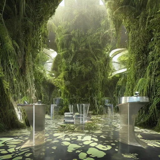 Image similar to a dream about opulent, abandoned overgrown futuristic base on Mars designed by Zaha Hadid, lush plants growing through the glossy floors and walls, walls are covered with moss and vines, beautiful, dusty, golden volumetric light shines through, golden rays fill the space with warmth, rich with epic details, dreamy atmosphere and drama