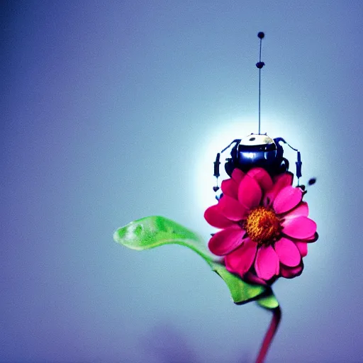 Image similar to a cute tiny robot is holding a big flower up above its head, a ladybug is beside the robot, award winning macro photography, kodak ektar, dramatic lighting