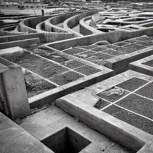 Prompt: a limbo world consisting of concrete uncanny brutalism and labyrinths of rubble and drainage grates, white sky, sand patches