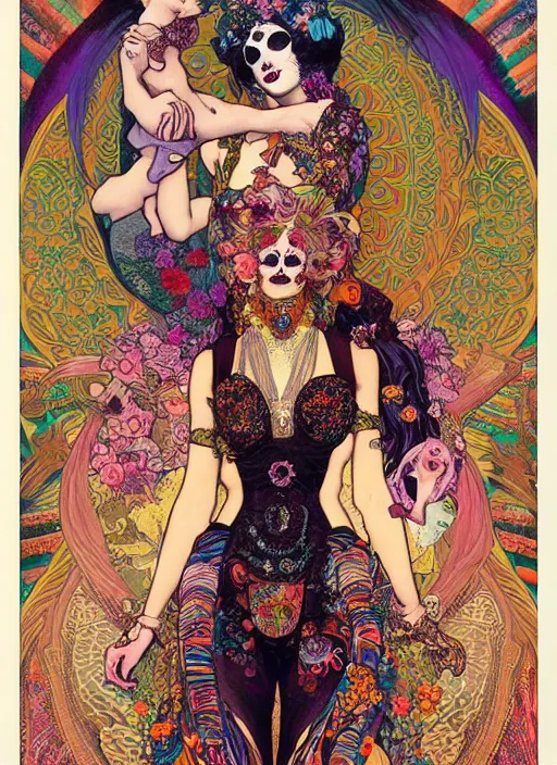 Image similar to psychedelic poster art of a cute punk goth fashion fractal Día de los Muertos tattooed girl holding a sphynx by Victor Moscoso Rick Griffin Alphonse Mucha Gustav Klimt Ayami Kojima Amano Charlie Bowater, masterpiece