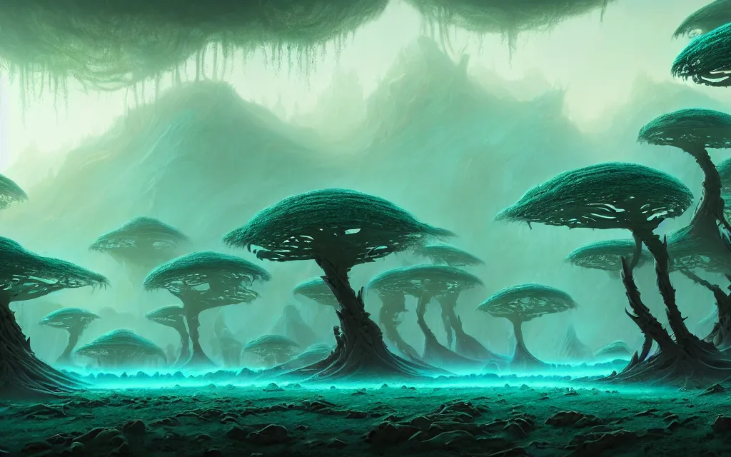 Prompt: a beautiful highly detailed matte painting of an alien planet with giant dead and intricate trees with crystals made of jade in a desolate forest with teal colors by Jose Daniel Cabrera Pena and Leonid Kozienko, Noah Bradley concept art
