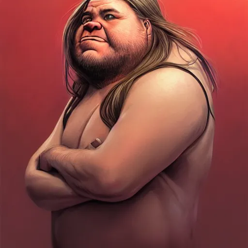 Prompt: portrait of a half fatman half pig with long hair tied in a ponytail, light stubble with red shirt ,digital art,photorealistoc,art by greg rutkowski,hyperdetailed,western comic style,comic,comic style,sharp lineart,professional lighting,deviantart,artstation,trevor henderson,rossdtaws,cinematic,dramatic