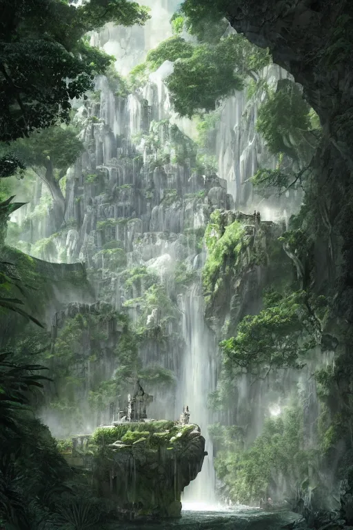 Image similar to carved into the Rock a citadel-temple above a waterfall , gnarly trees, lush vegetation, forrest, a small stream runs beneath the waterfall, landscape, raphael lacoste, eddie mendoza, alex ross, concept art, matte painting, highly detailed, rule of thirds, dynamic lighting, cinematic, detailed, denoised, centerd