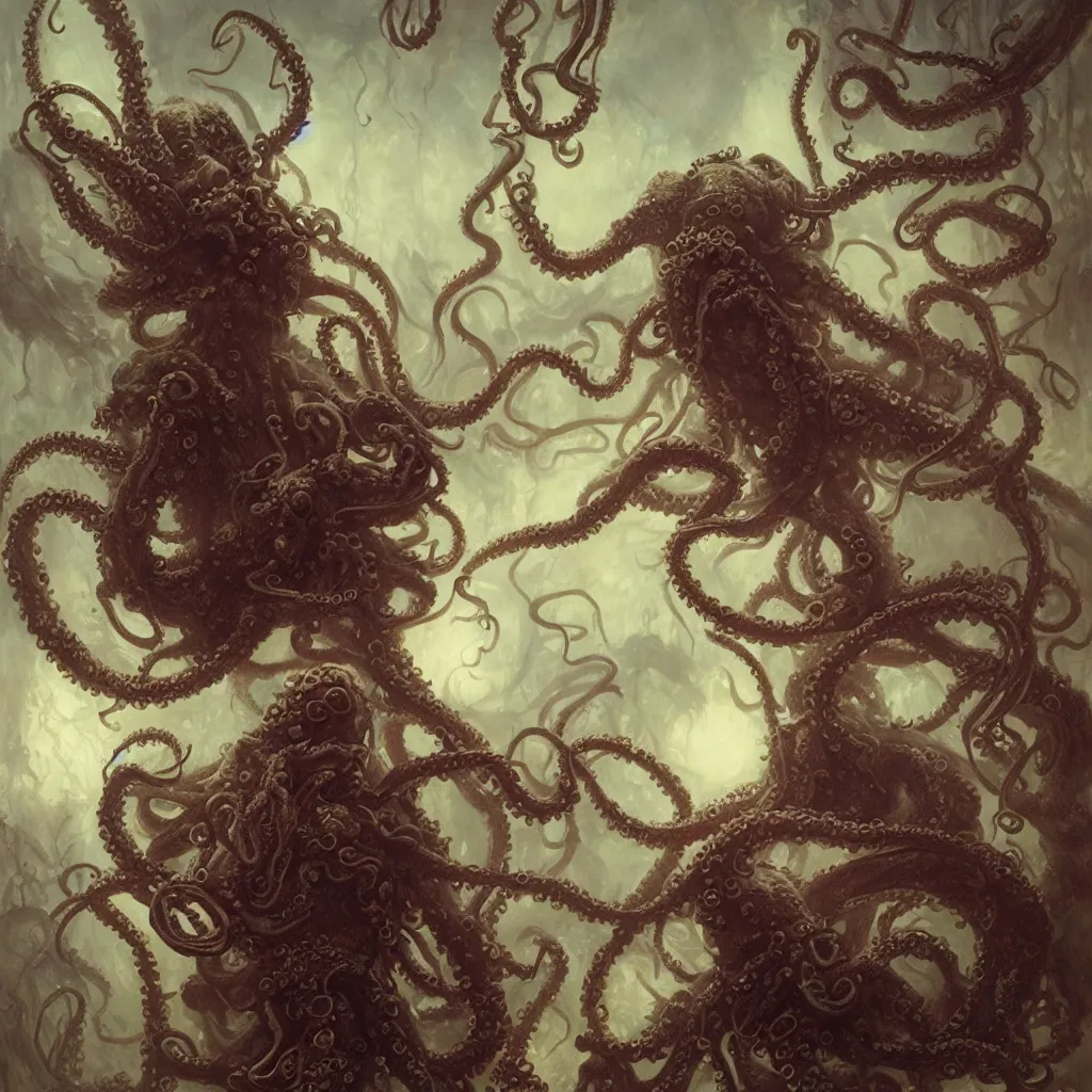 Prompt: woman surrounded by octopus tentacles, cthulhu in the dark, gothing, by gaston bussiere, anna nikonova, greg rutkowski, yoji shinkawa, yoshitaka amano, tsutomu niehi, moebius, donato giancola, geoffroy thoorens, trending on artstation, featured on pixiv, cinematic composition