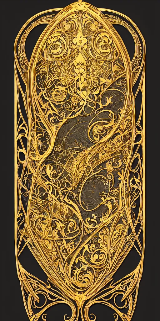 Image similar to an intricate art nouveau edges frame, with golden entertwined edges and empty black center, highly detailed, artstation, concept art, matte, sharp focus,