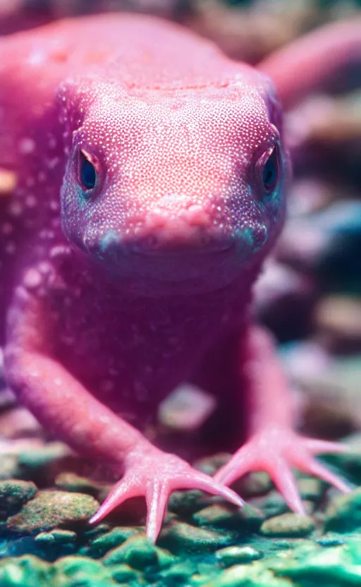 Image similar to Close up of an axolotl in an aquarium, insanely detailed, octane render, cinestill 800t, low light and soft focus