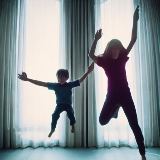 Image similar to cinematic shot of a woman and her son levitating like astronauts in a room without gravity, lens flare from a window, cinestill 800t